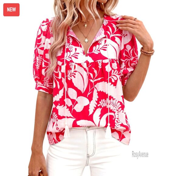 Tops - Boho Puff Sleeve Blouse Tie Front V Neck Casual Summer Top